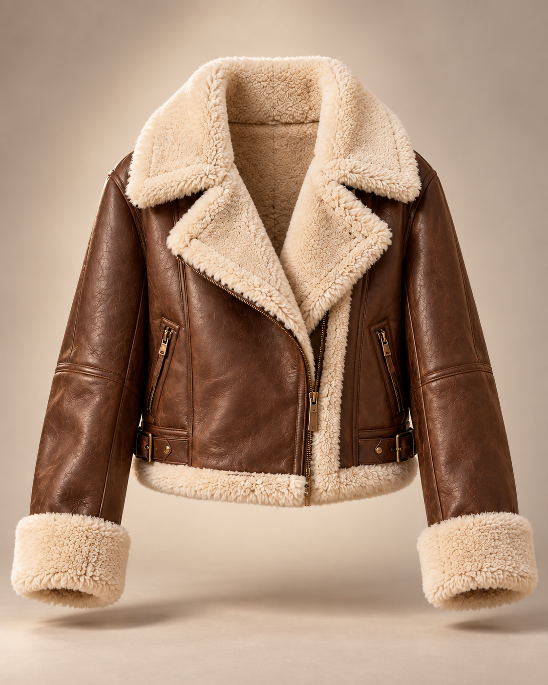 The Aspen Shearling Jacket leather, hardware and construction detail
